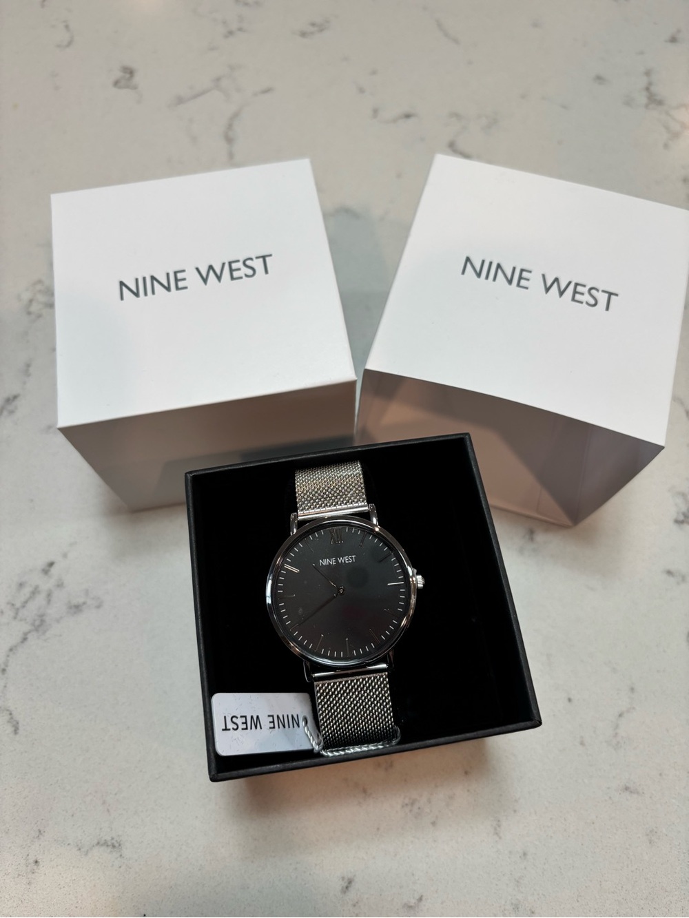 New Nine West Silver Men’s Mesh Band Asher Watch with Black Dial